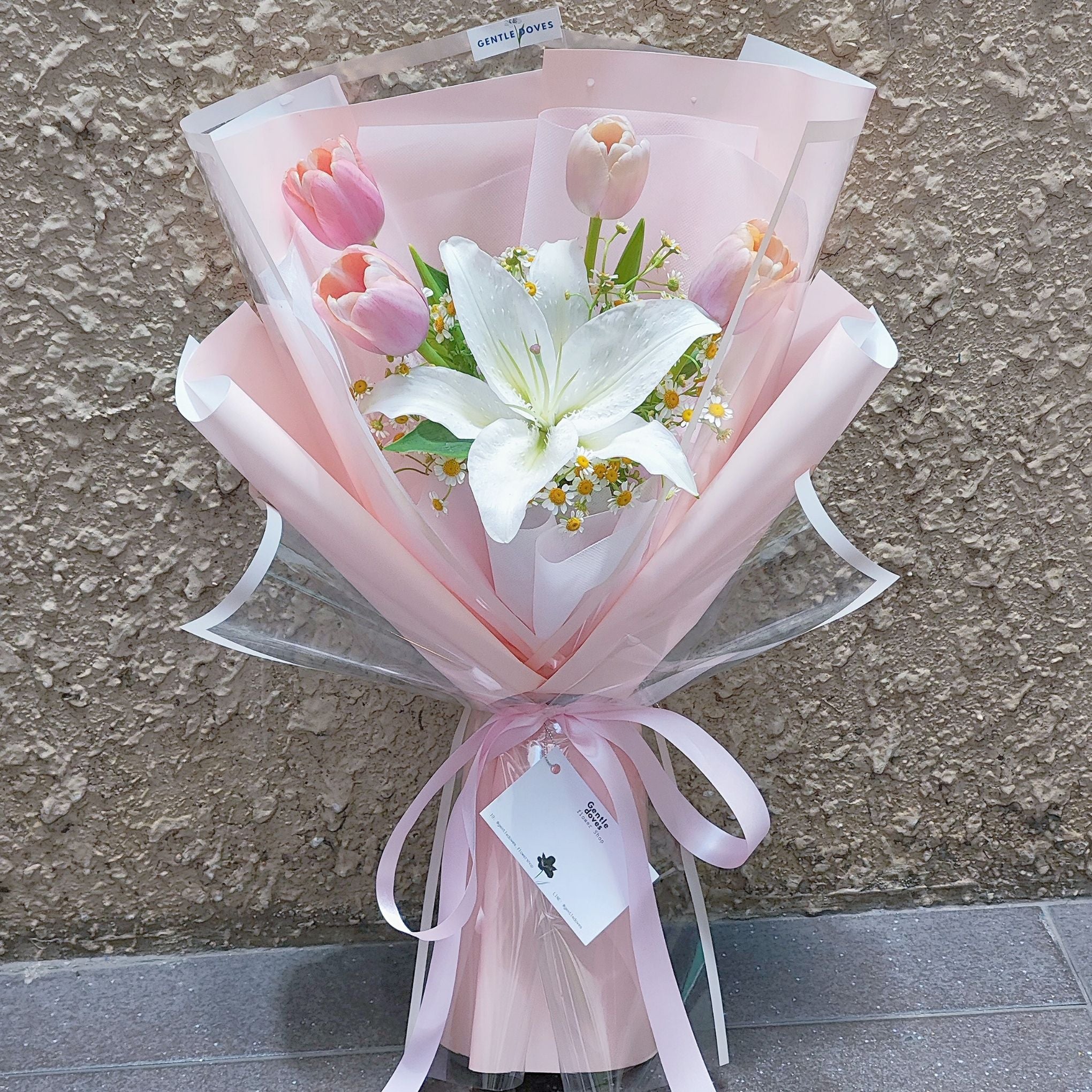 tulips and lilies flower bouquet Four Pink Tulips with Lily and Daisies Bouquet – Gentle Doves Flower Shop