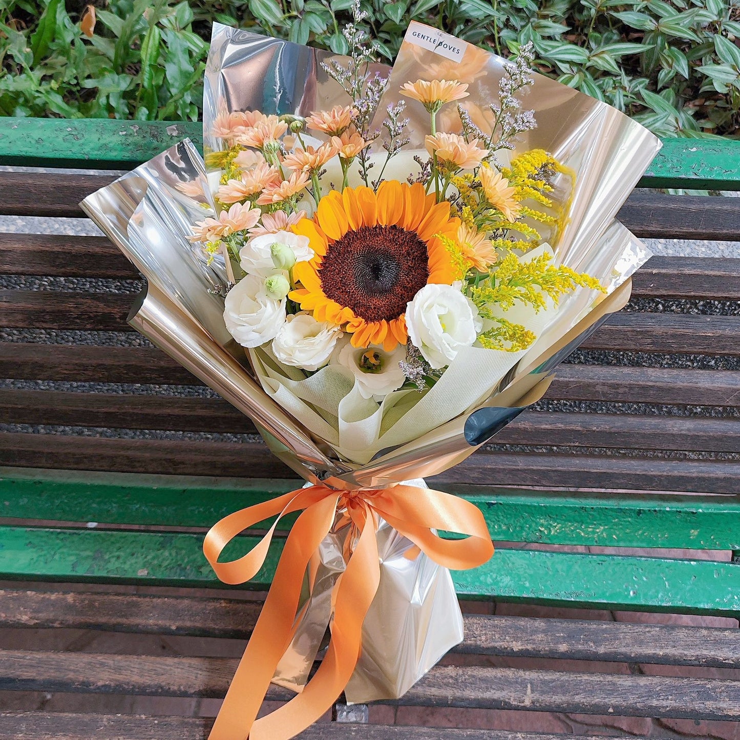 Single Sunflower with Warm Flowers in Beige Aluminium Paper Bouquet