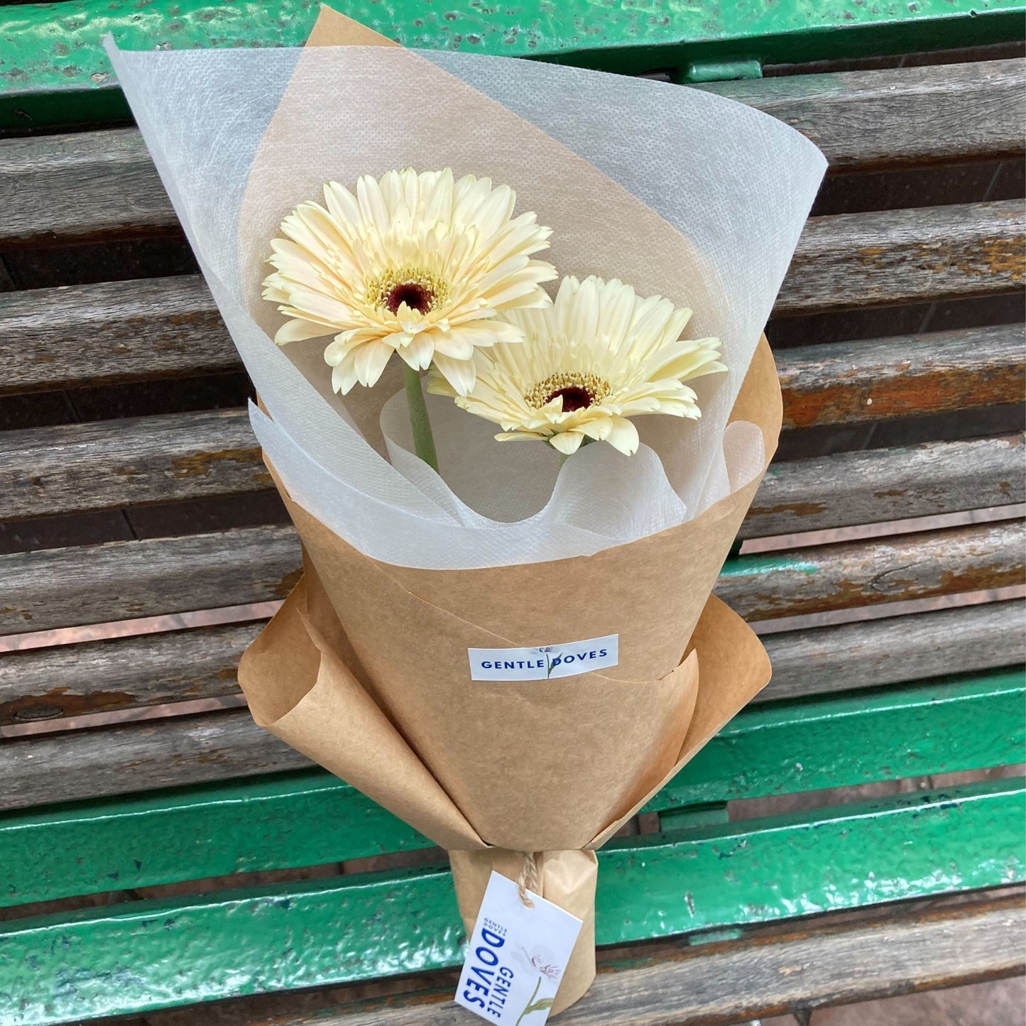 Two White Gerberas in Kraft Paper Bouquet