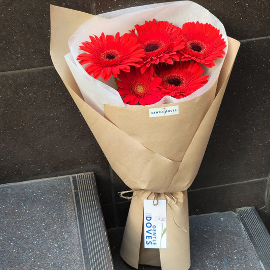 Five Red Gerberas in Kraft Paper Bouquet
