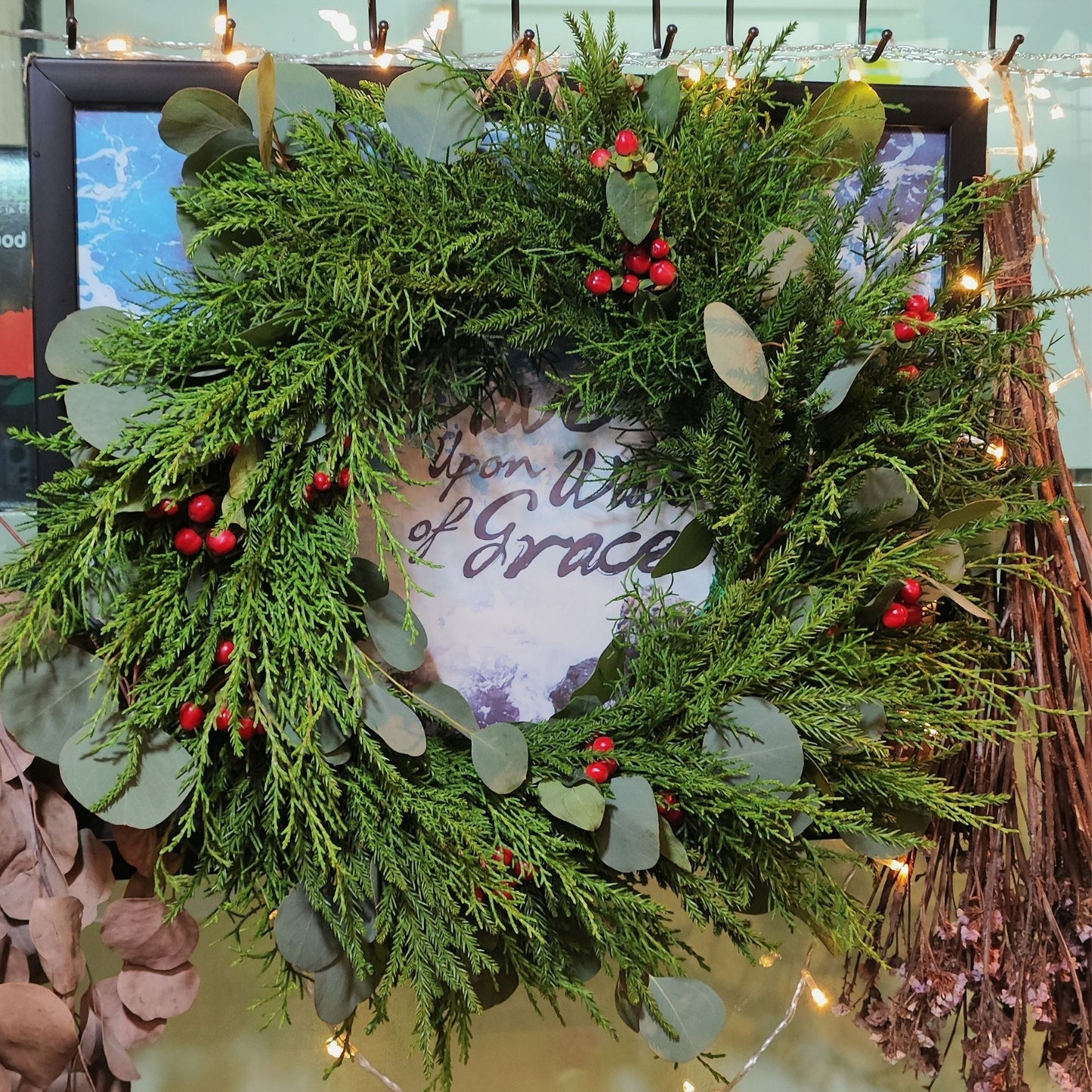 Conifer, Eucaylptus and Hypericum Christmas Wreath