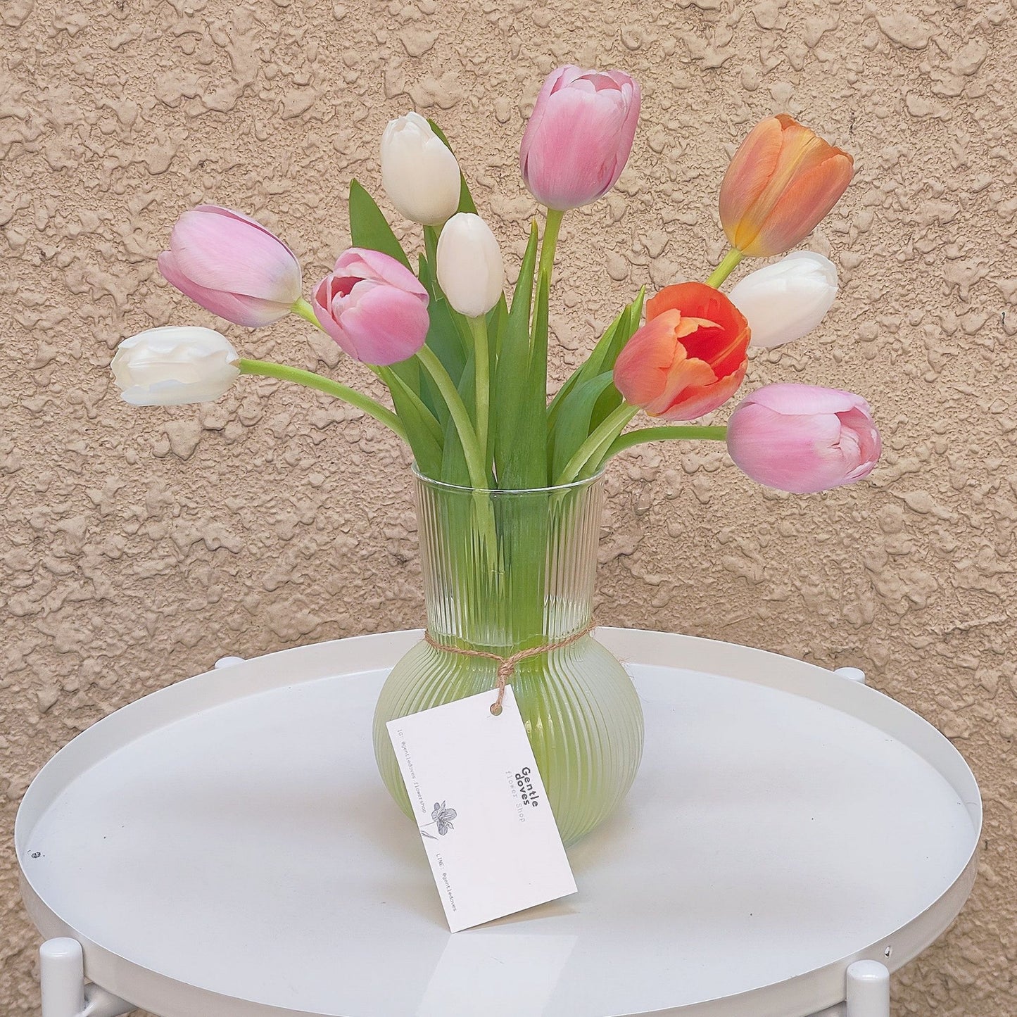 Ten Assorted Colorful Tulips in Large Vase Arrangement