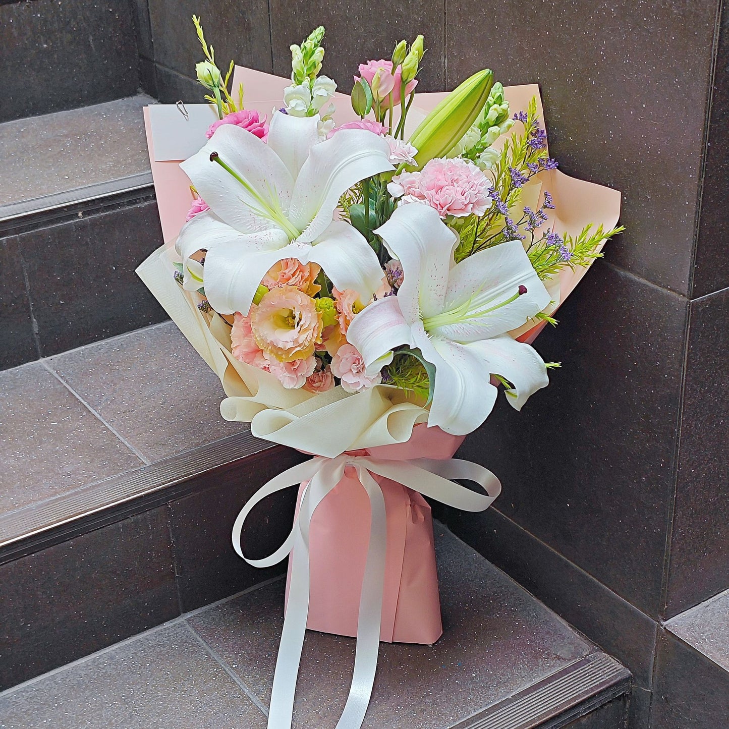 Two White Lilies with Pink and Purple Flowers Bouquet