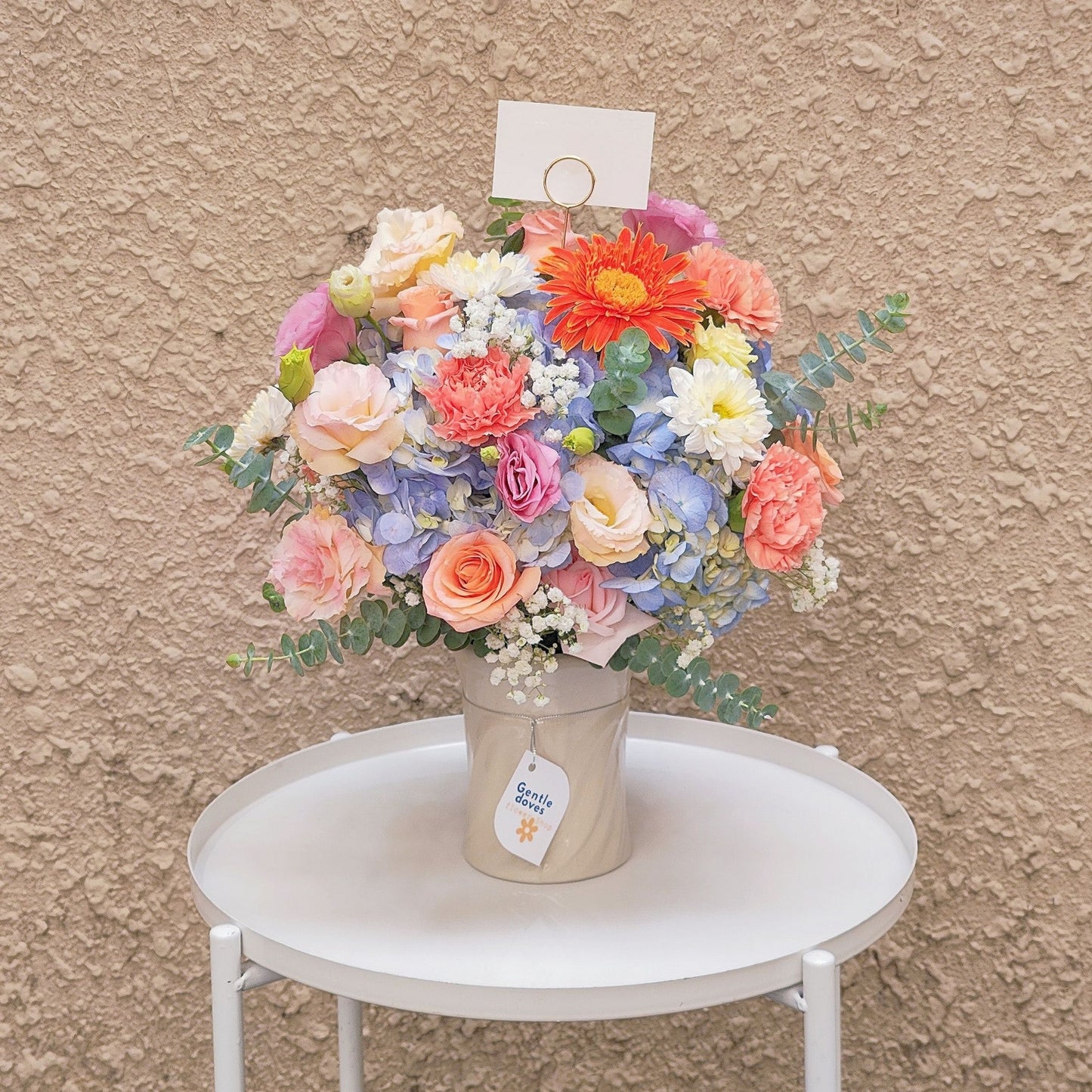 Assorted Warm Flowers and Hydrangea in Ceramic Vase Arrangement