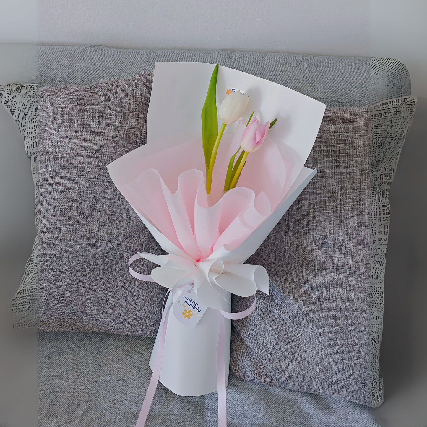 Two White and Pink Tulips Minimal Bouquet