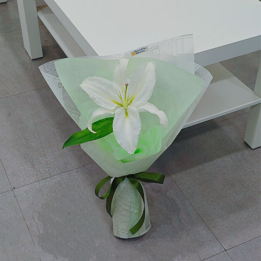 ช่อดอกลิลลี่ สีขาว 1 ก้าน ห่อกระดาษลายหนังสือพิมพ์