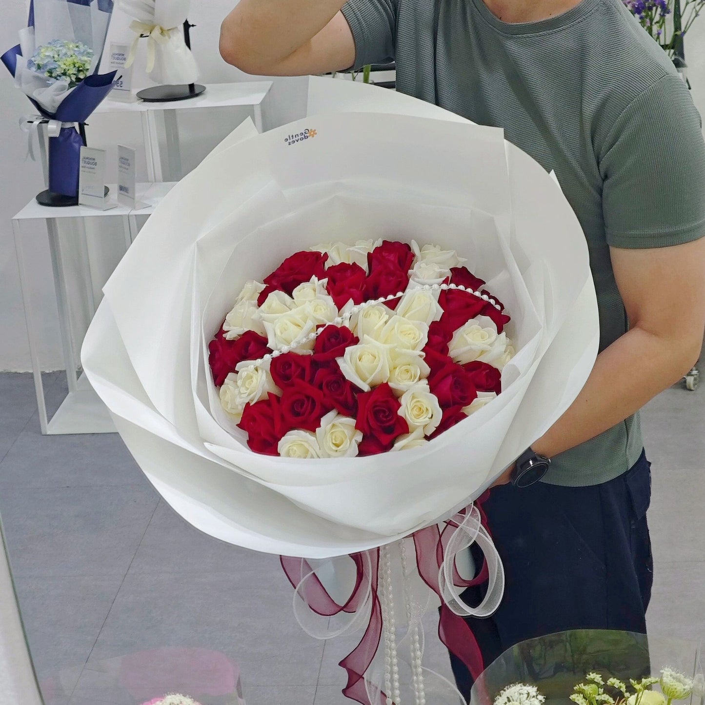 Fifty Red and White Roses Bouquet