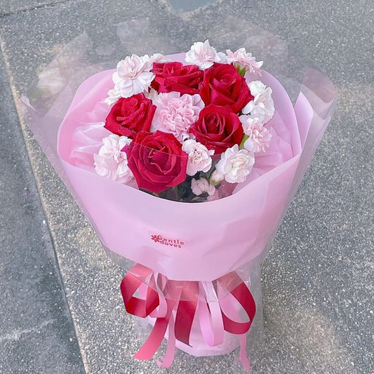 Five Red Roses with Assorted Pink Carnations Bouquet