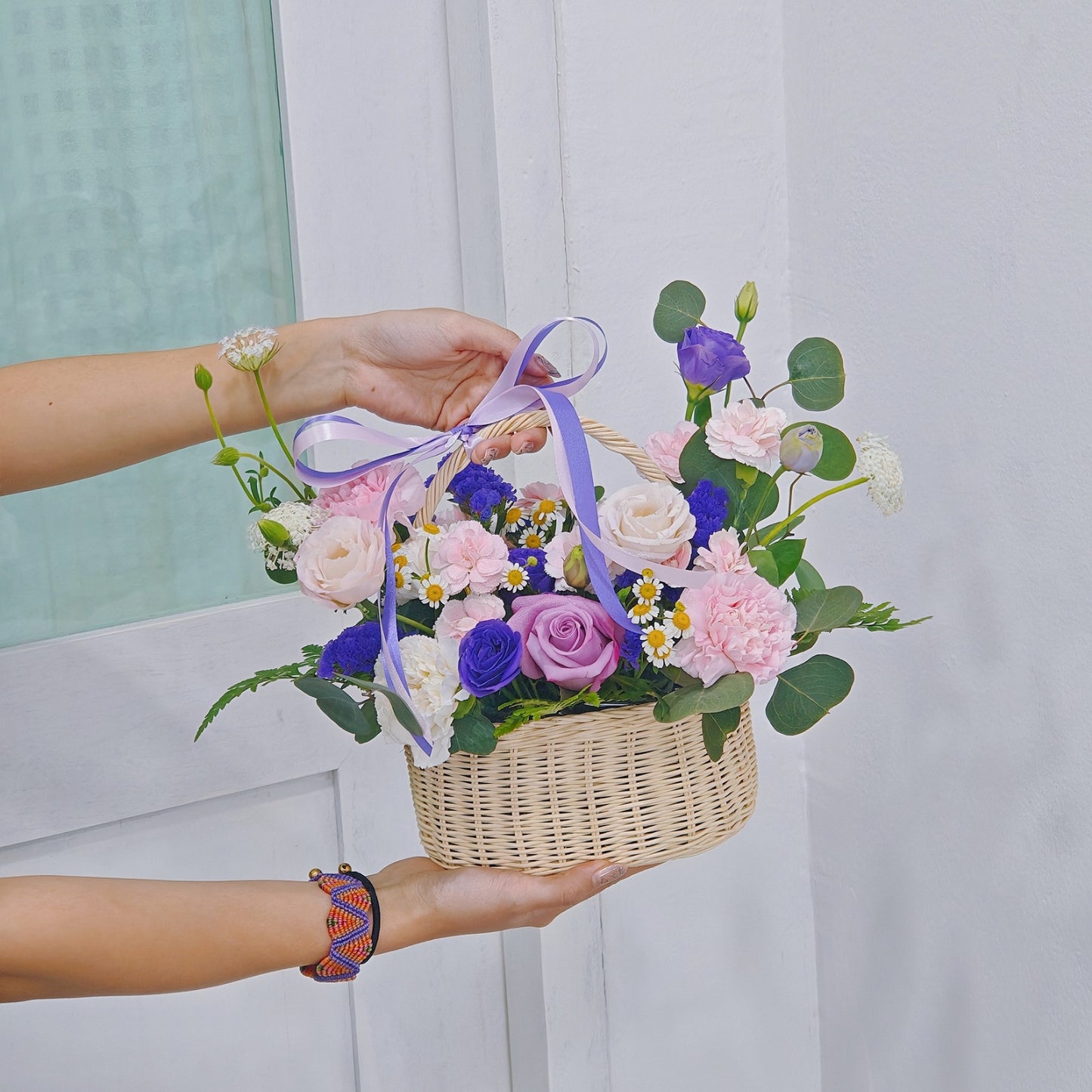 Assorted Purple and Pink Flowers Small Basket