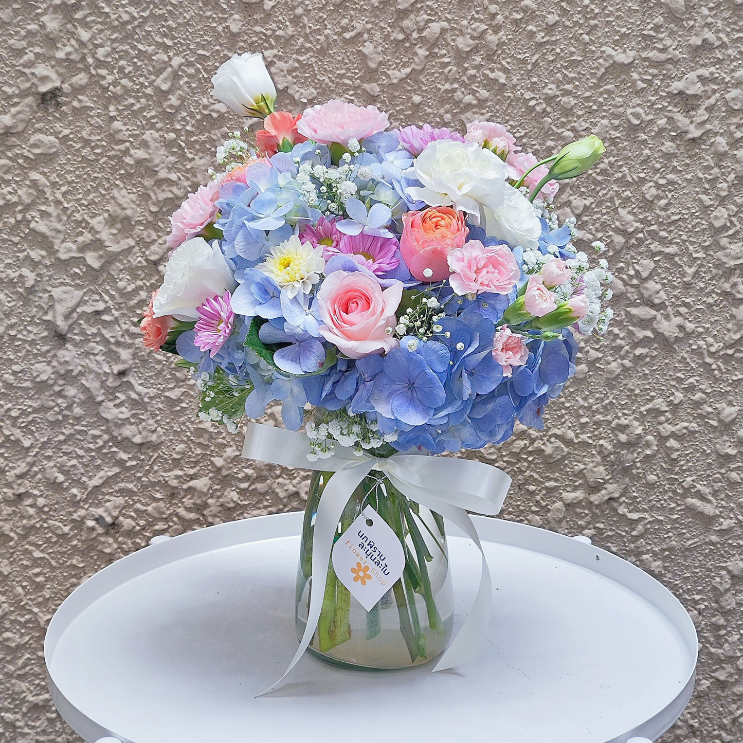 Blue Hydrangeas with Assorted Soft Flowers in Large Vase Arrangement