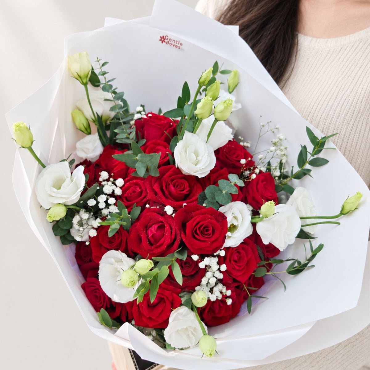 Thirty Red Roses with White and Green Filler Flowers Bouquet