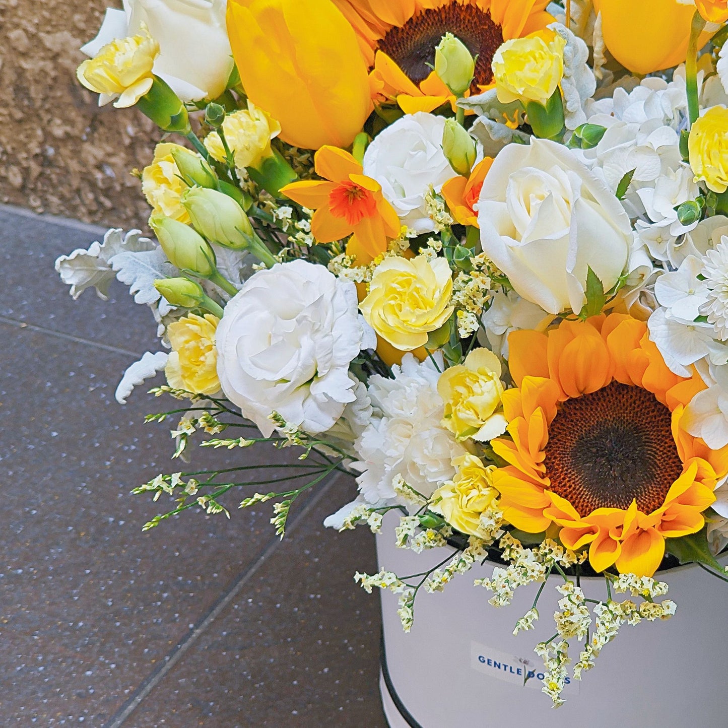 Assorted Yellow and White Flowers in Medium Box Arrangement