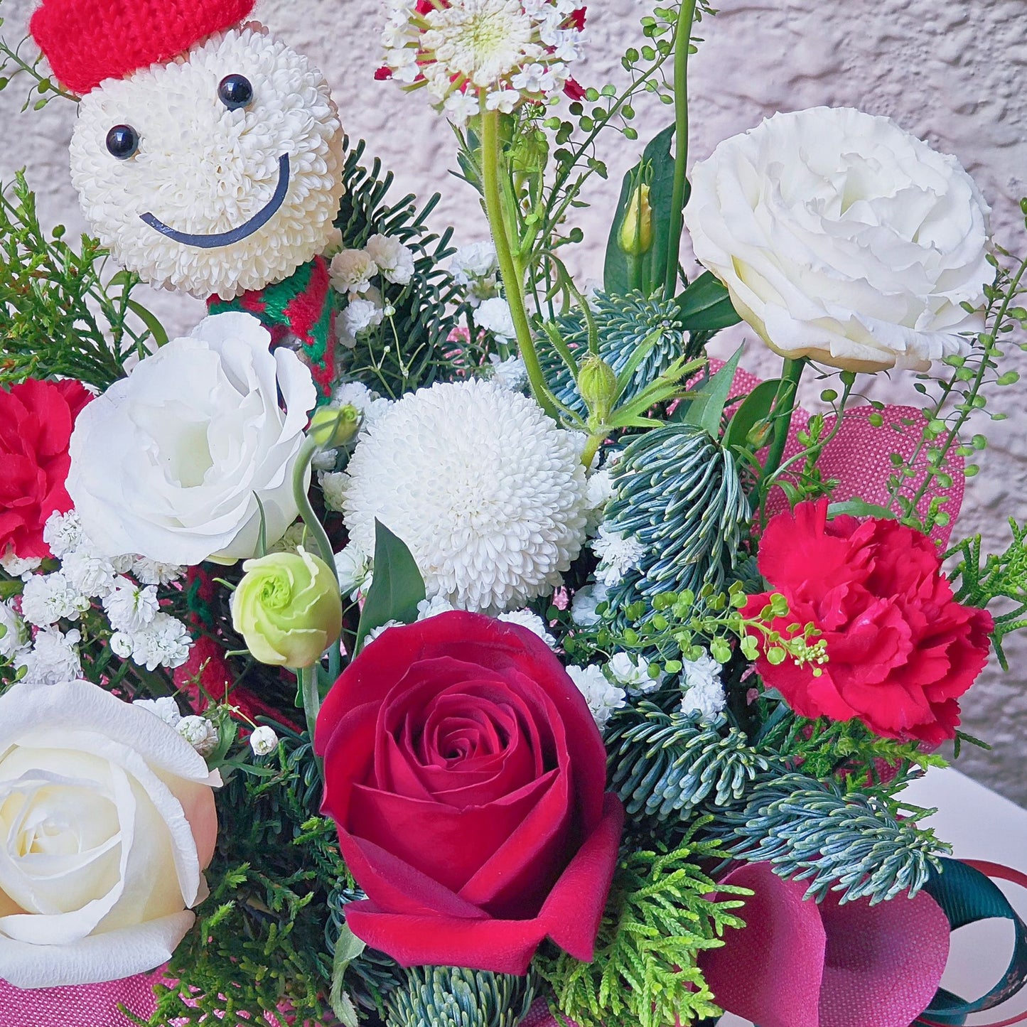 Assorted Red and White Flowers Christmas Theme with Smiley Face Flowers Box