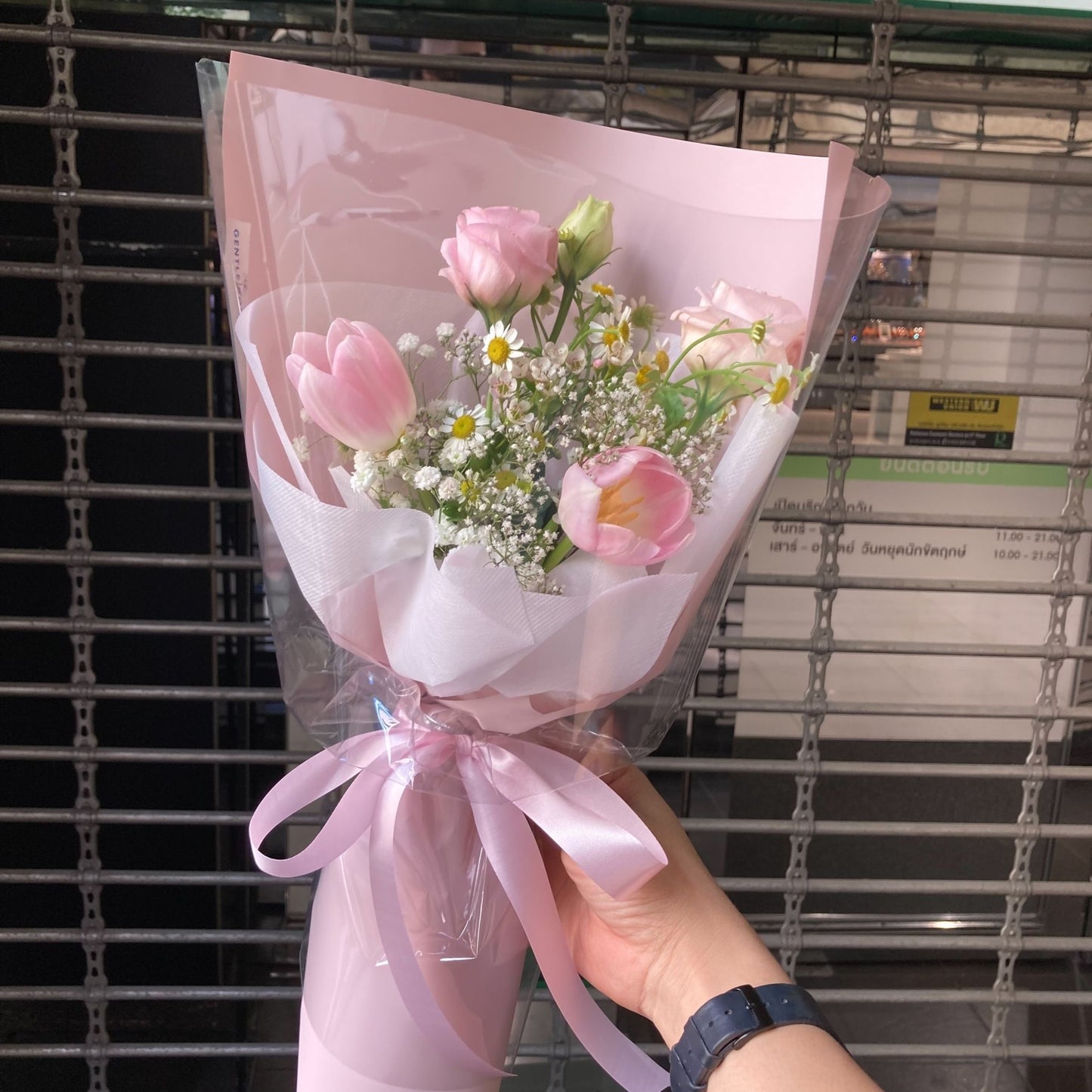 Two Pink Tulips with Assorted Pink and White Flowers Small Bouquet