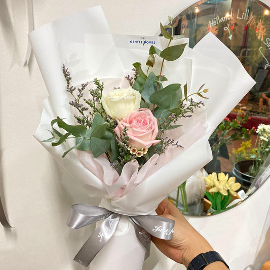 Two White and Soft Pink English Roses with Foliage Bouquet