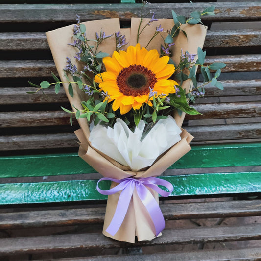 Single Sunflower with Caspia and Eucalyptus Small Bouquet