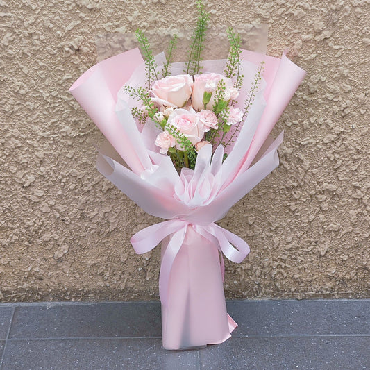 Three Soft Pink Roses with Sprayed Carnations Bouquet