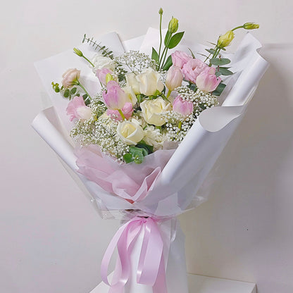 Assorted Pink Tulips with White Roses and Lisianthus Large Bouquet