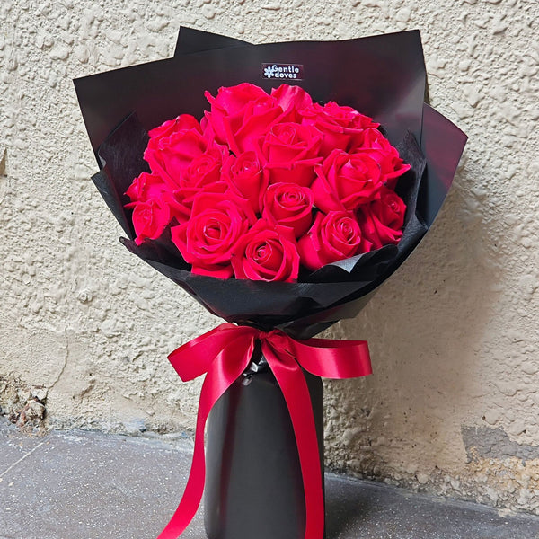 Twenty Red Roses in Black Paper Bouquet