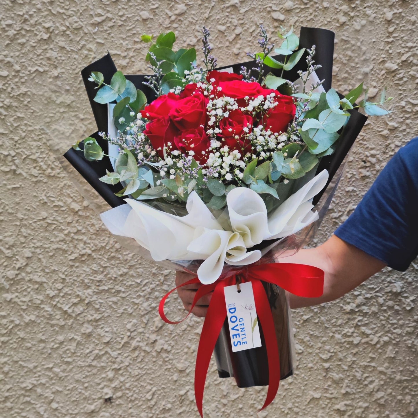 Ten Red Roses Surround with Gypsophila and Eucalyptus Bouquet