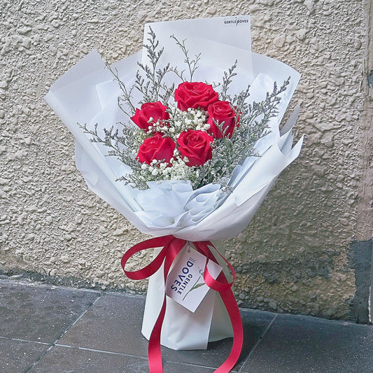 Five Red Roses with Caspia and Gypsophila Bouquet