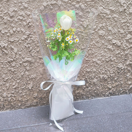 Single White Tulip with Daisies in Hologram Paper Bouquet