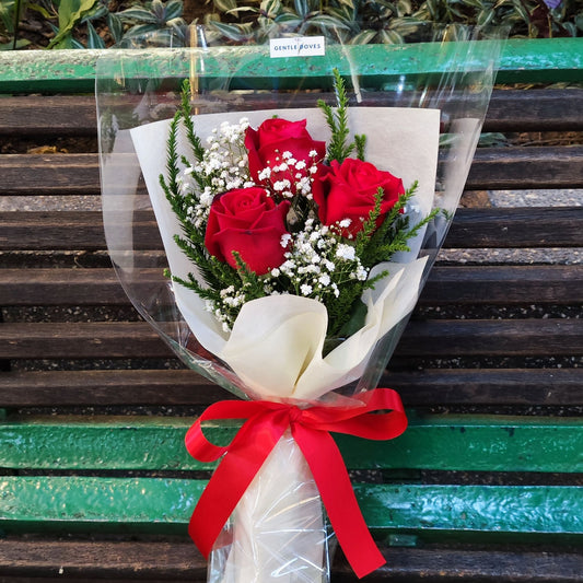 Three Red Roses with Gypsophila and Sugi Pines Minimal Bouquet