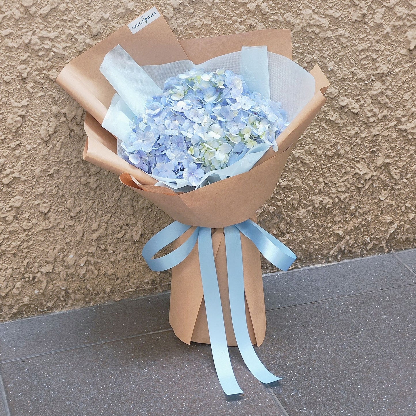 Two Soft Blue Hydrangeas in Craft Paper Bouquet