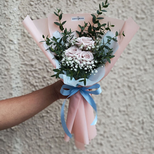 Three Gray English Roses with Gypsophila and Eucalyptus Bouquet