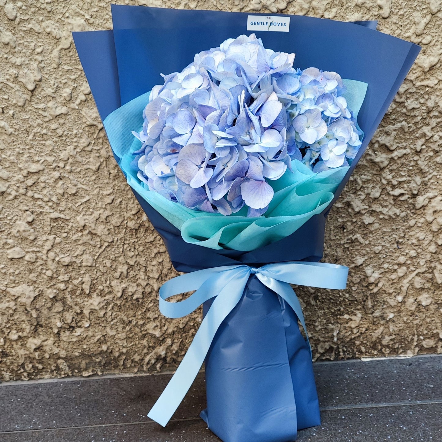 Single Blue Hydrangea in Blue Paper Bouquet