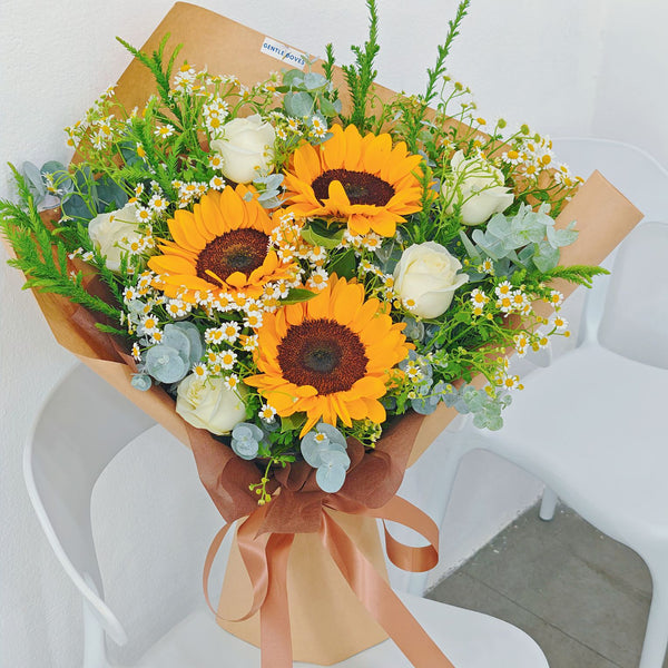 Three Sunflowers with Daisies and White Roses in Kraft Paper Bouquet