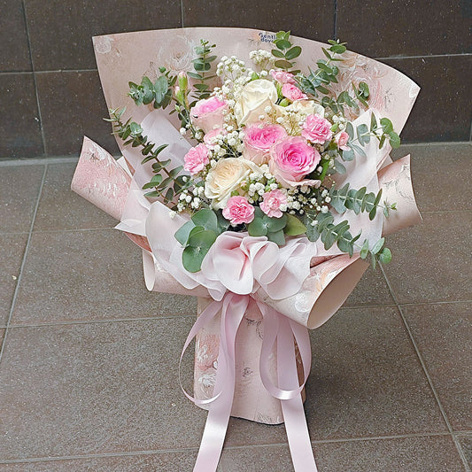 Six Pink and White English Roses with Sprayed Carnations and Gypsophila with Foliage Bouquet