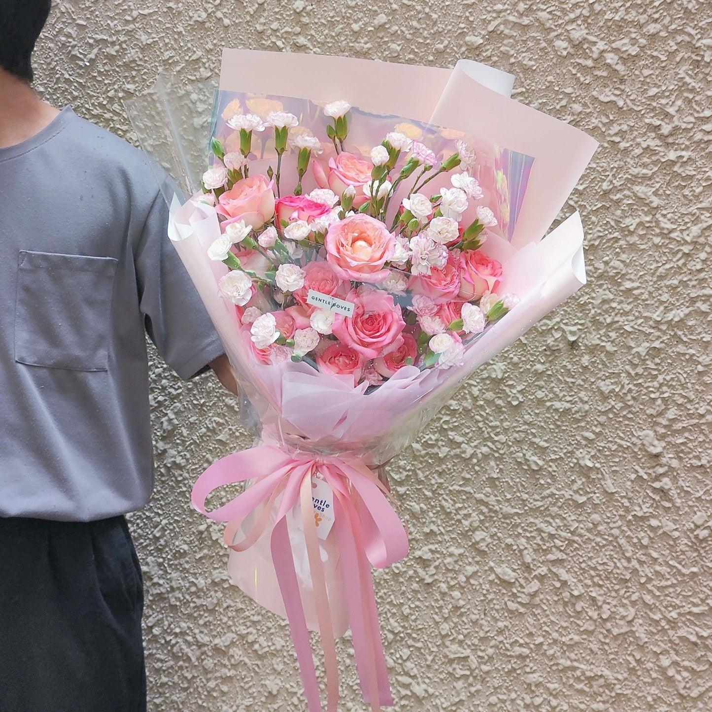 Sixteen Pink Roses with Spray Carnations Bouquet