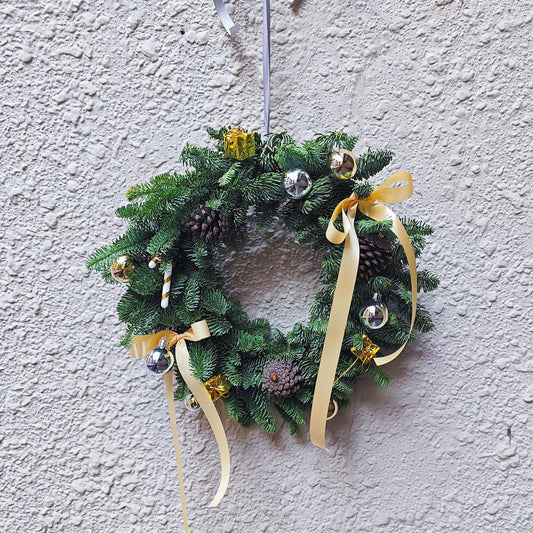 Full-Circle Noble Firs Christmas Wreath with Golden and Silver ornaments