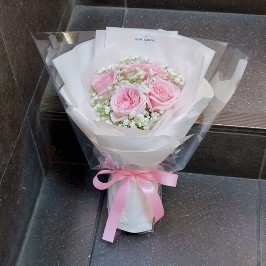 Five Soft Pink English Roses with Gypsophila Bouquet