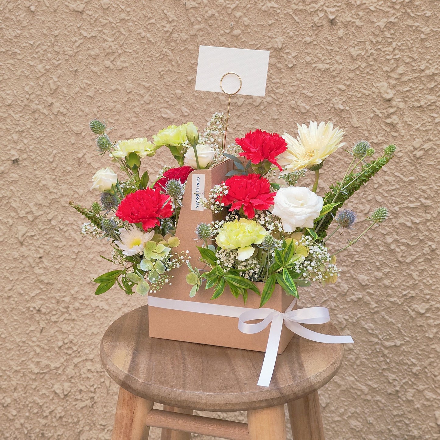 Assorted Red and Green Flowers in Carrying Small Box