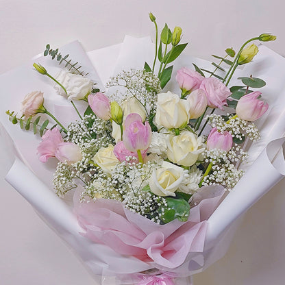 Assorted Pink Tulips with White Roses and Lisianthus Large Bouquet