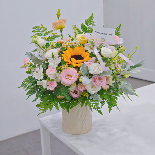 Assorted Pastel Pink and White Flowers with Sunflower in Large Ceramic Vase Arrangement