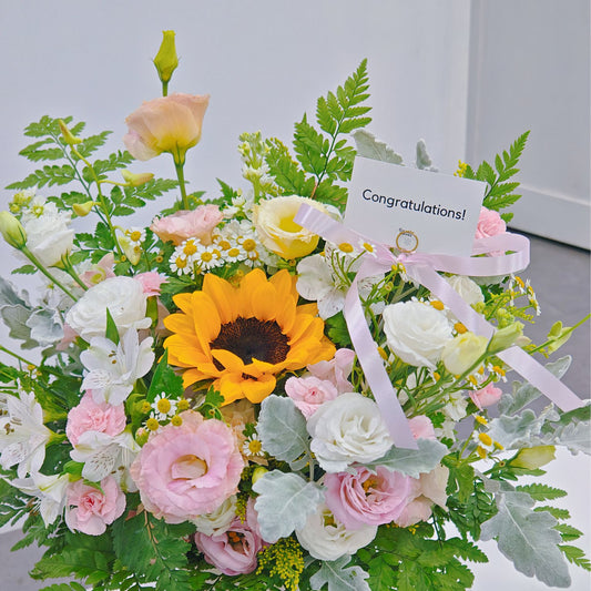 Assorted Pastel Pink and White Flowers with Sunflower in Large Ceramic Vase Arrangement