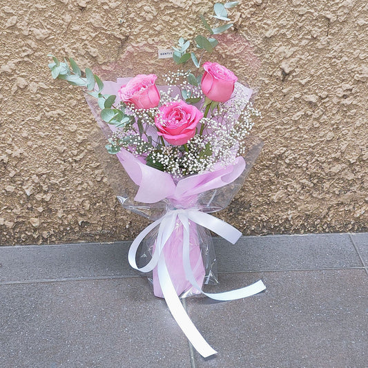 Three Purple Roses with Gypsophila and Eucalyptus Bouquet