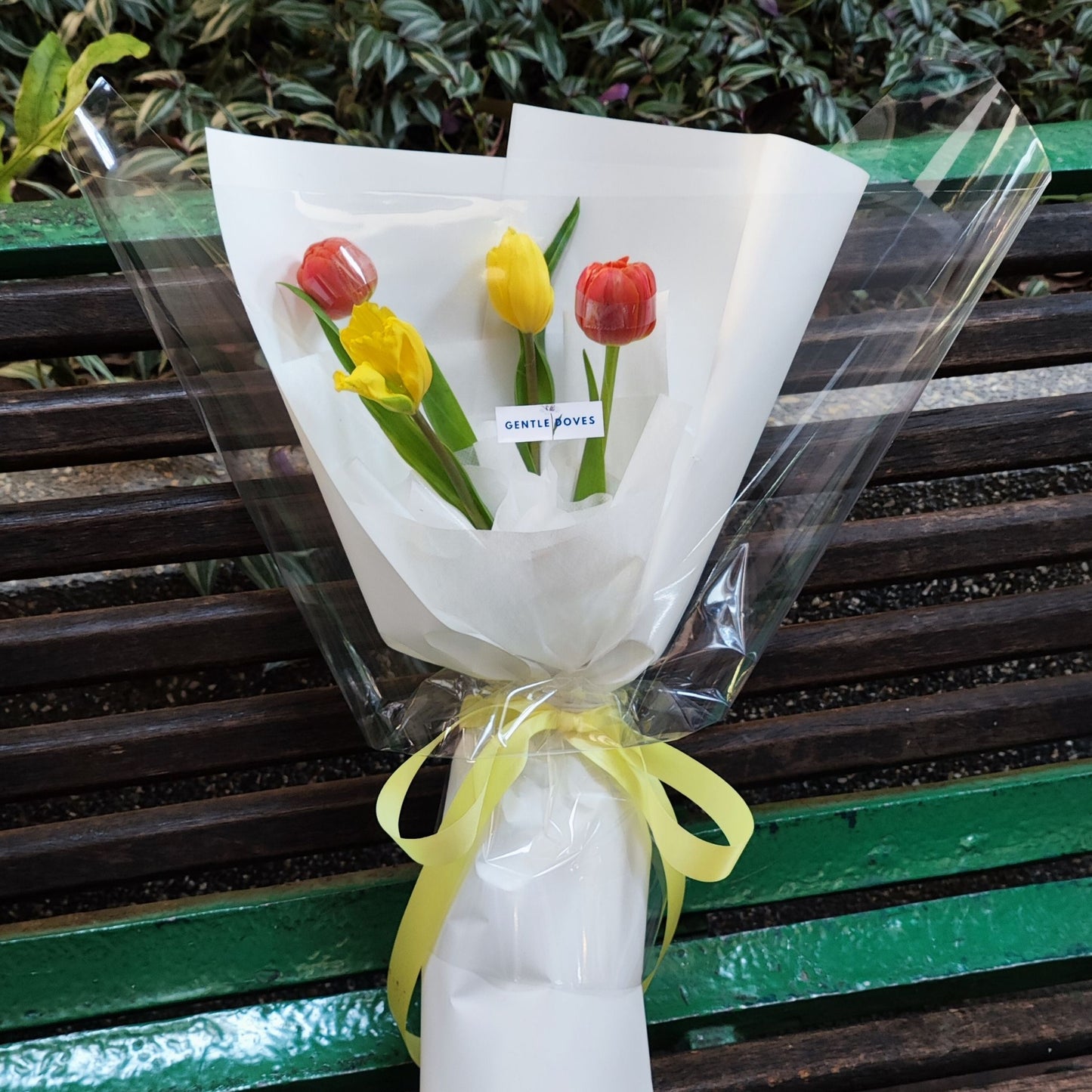 Four Yellow and Orange Tulips Bouquet