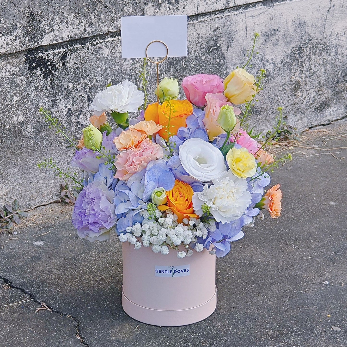 Blue Hydrangea with Assorted Colorful Flowers in Small Box Arrangement