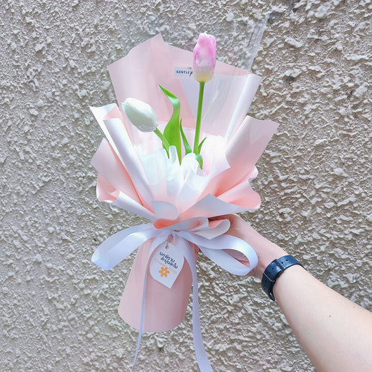 Two White and Pink Tulips in Two Tone White and Pink Paper Bouquet