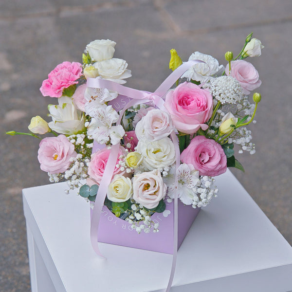 Assorted Pink and White Flowers in Carrying Mini Box Arrangement