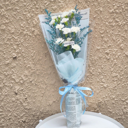 White Sprayed Carnations with Dyed Blue Caspia Bouquet