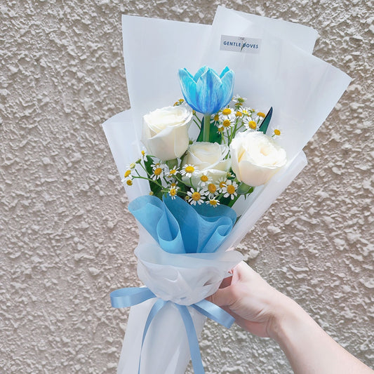 Three White Roses with Daisies and Dyed Blue Tulip Bouquet