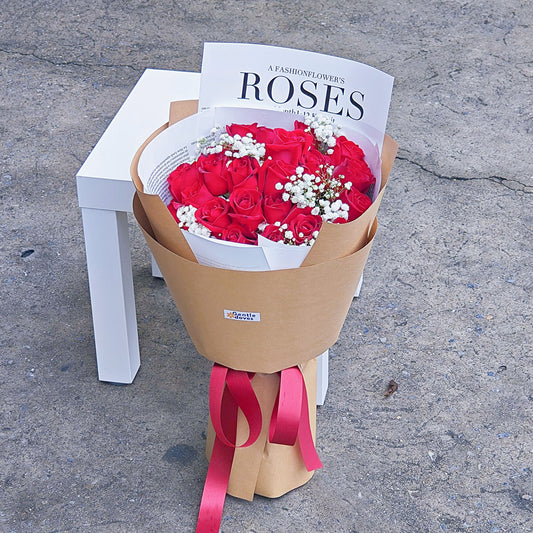 Twenty - Five Red Roses with Gypsophila Bouquet