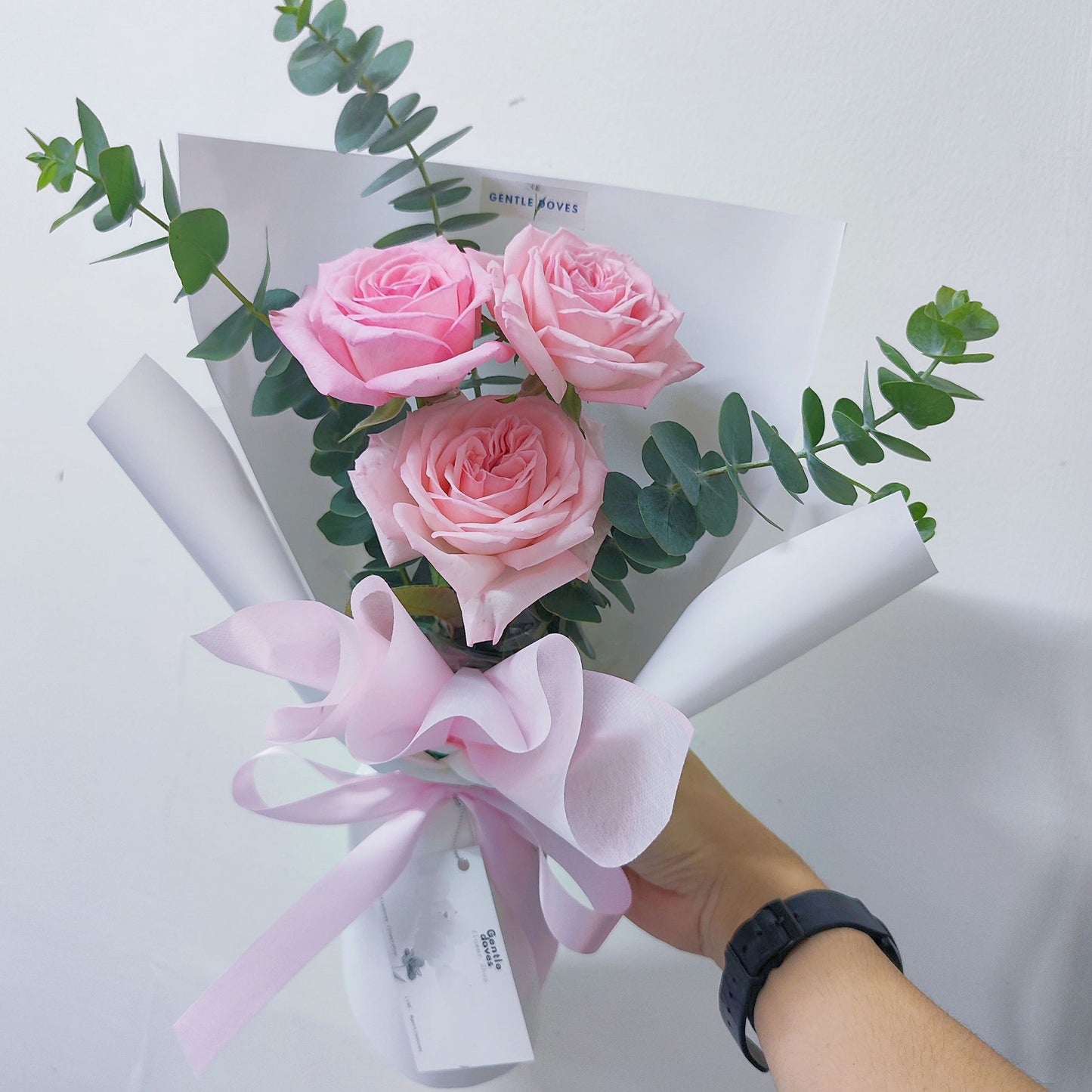 Three Soft Pink English Roses with Eucalyptus Bouquet