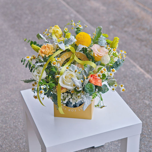 Assorted Yellow and Green Flowers in Carrying Mini Box Arrangement