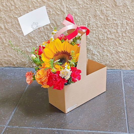 Sunflower with Red Tone Flowers in Carrying Small Box Arrangement